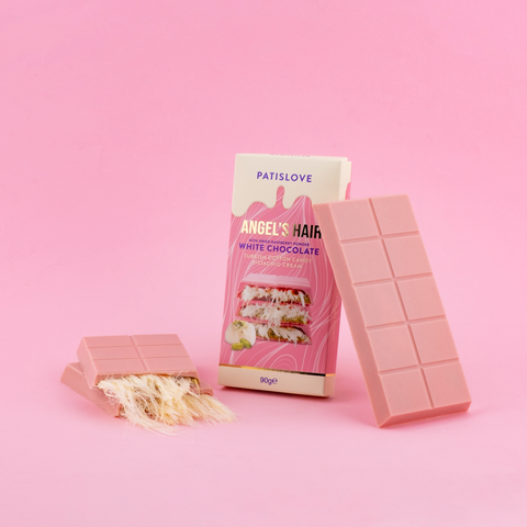 Patislove Antep Fıstığı Kremalı ve Pişmaniye Dolgulu Frambuaz Tozlu Beyaz Çikolata, 90G