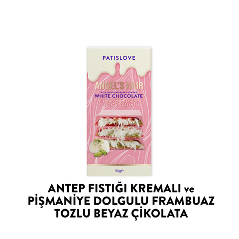 Patislove Antep Fıstığı Kremalı ve Pişmaniye Dolgulu Frambuaz Tozlu Beyaz Çikolata, 90G