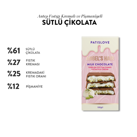 Patislove Antep Fıstığı Kremalı ve Pişmaniye Dolgulu Sütlü Çikolata, 180G