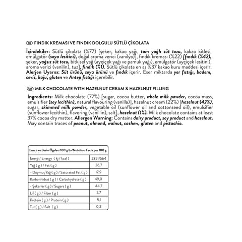 Patislove Fındık Kreması ve Fındık Dolgulu Sütlü Tablet Çikolata, 100G