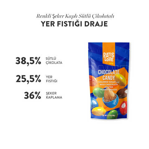 Patislove Renkli Şeker Kaplı Sütlü Çikolatalı Bütün Yer Fıstığı Draje, 90G