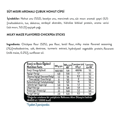 Süt Mısır Aromalı Çubuk Nohut Cips, 50G x 6 Adet