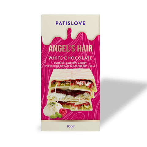 Patislove Antep Fıstığı Kremalı ve Frambuaz Jöleli Pişmaniye Dolgulu Beyaz Çikolata, 90G