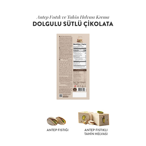 Tahin Helvası ve Antep Fıstıklı Krema Dolgulu Sütlü Çikolata, 100G