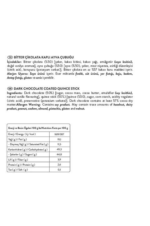 Bitter Çikolatalı Ayva Çubukları, 80G