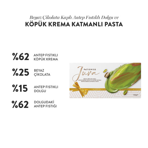 Juva Beyaz Çikolata Kaplı Antep Fıstıklı Dolgu ve Köpük Krema Katmanlı Pasta, 150G