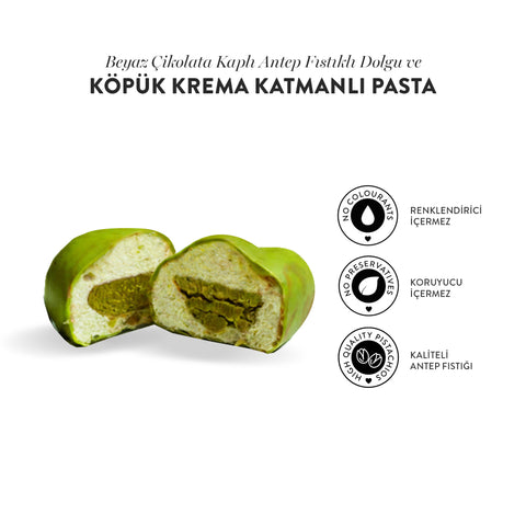 Juva Beyaz Çikolata Kaplı Antep Fıstıklı Dolgu ve Köpük Krema Katmanlı Pasta, 150G