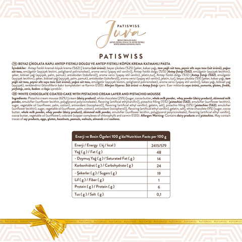 Juva Beyaz Çikolata Kaplı Antep Fıstıklı Dolgu ve Köpük Krema Katmanlı Pasta, 150G