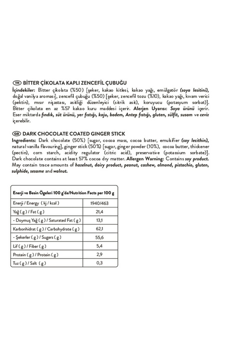 Bitter Çikolatalı Zencefil Çubukları, 80G