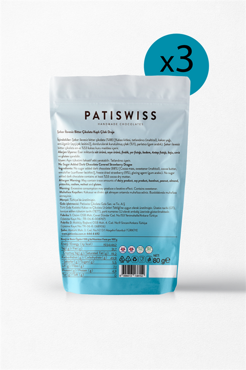Şeker İlavesiz Bitter Çikolatalı Çilek Draje Set 80g x 3 Adet