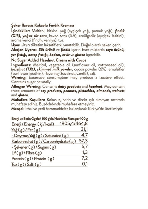Şeker İlavesiz Kakaolu Fındık Kreması 330g