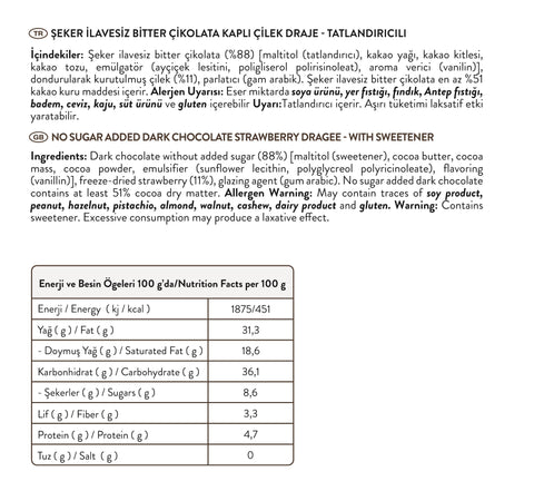 Şeker İlavesiz Sütlü ve Bitter Çikolatalı Çilek Draje Set 80g x 2 Adet