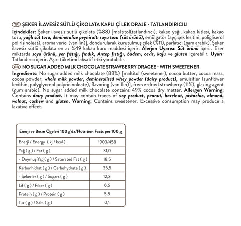 Şeker İlavesiz Sütlü ve Bitter Çikolatalı Çilek Draje Set 80g x 2 Adet